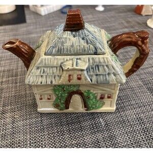 VTG Cottage Ware Tea Pot Japan MCM Rustic Thatched Roof Hand Painted Ceramic